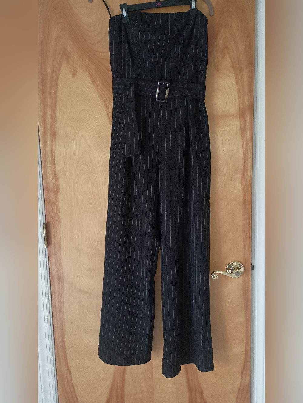 Monteau Black Pinstripe Strapless Wide-Leg Jumpsuit with Belt